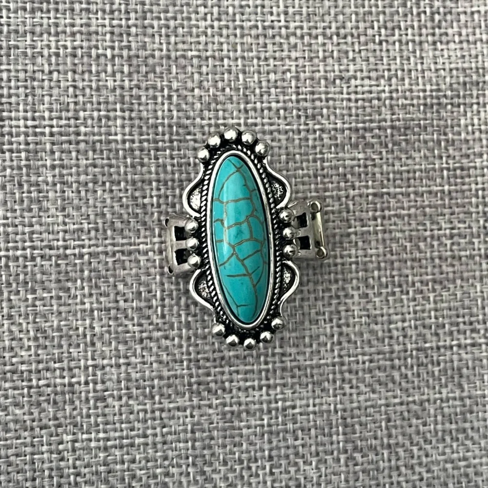 Boho Turquoise Colored Statement Ring Silver Tone